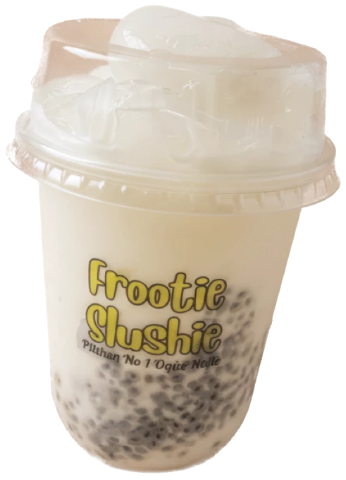 Slushie Kelapa Laut Frootie Slushie, air kelapa & biji selasih dalam cawan