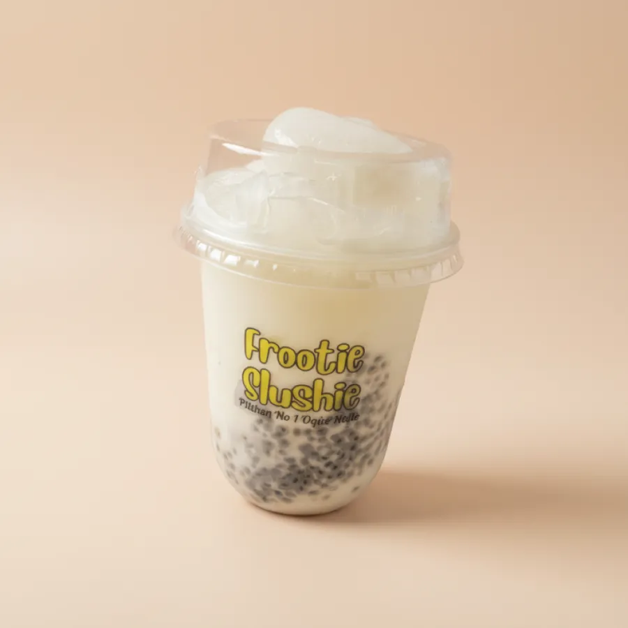 Slushie Kelapa Laut Frootie Slushie, air kelapa & biji selasih dalam cawan